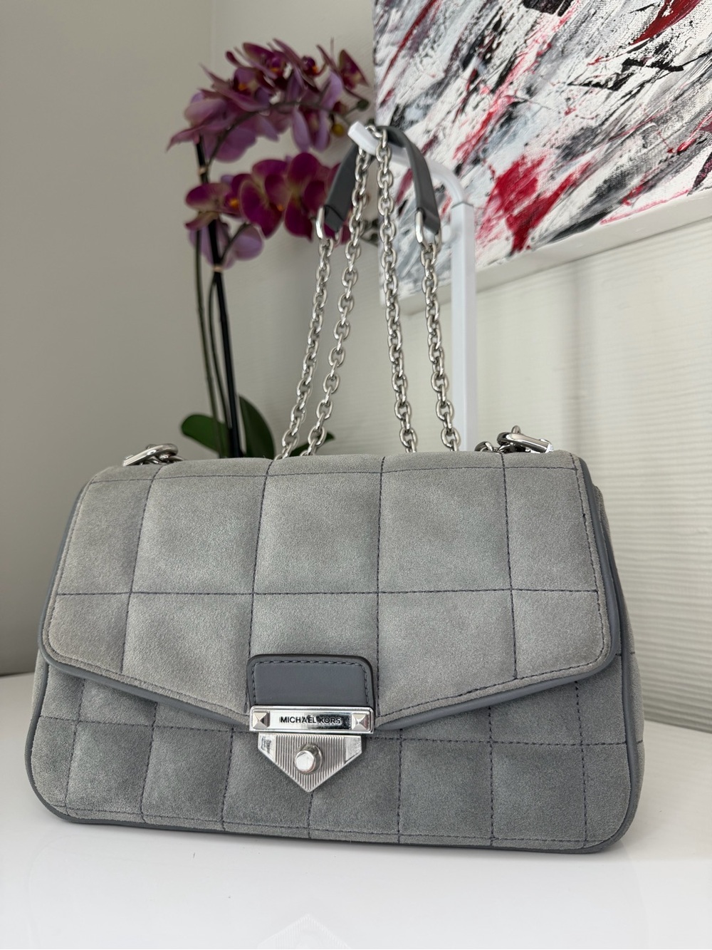 Michael Kors SoHo Large Quilted Suede Shoulder Crossbody Bag Grey